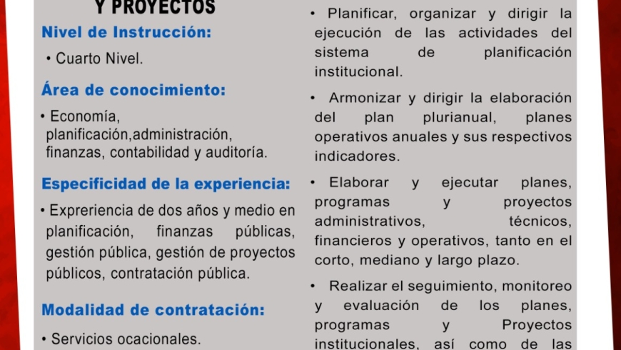 Contratación de Responsable de Planificación y Proyectos.