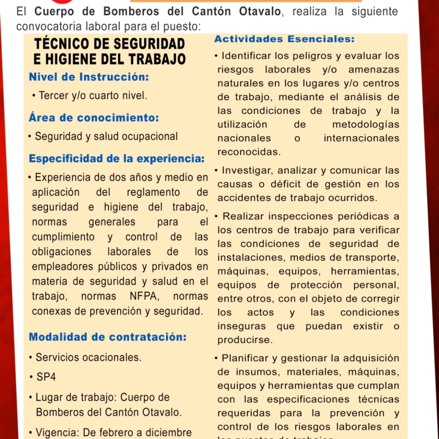 CONTRATACIÓN DE TÉCNICO DE SEGURIDAD E HIGIENE DEL TRABAJO
